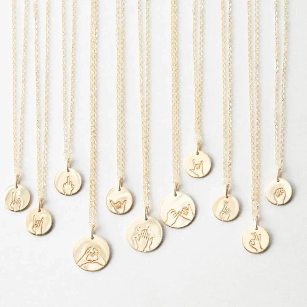 "Fingers Crossed" Sign Language Gold Disc Necklace - Picture 4 of 9